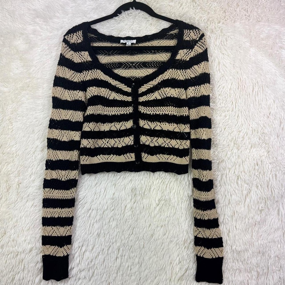 Freshman 1996 Black & Cream Crochet Striped Cropped Cardigan Size S